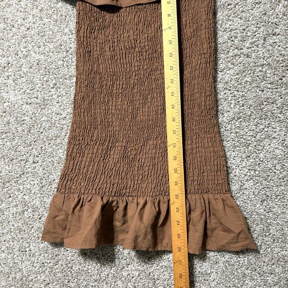 Anthropologie Women's Sz Small Smocked Off-Shoulder Midi Brown Dress Ruffle Hem - Picture 6 of 9